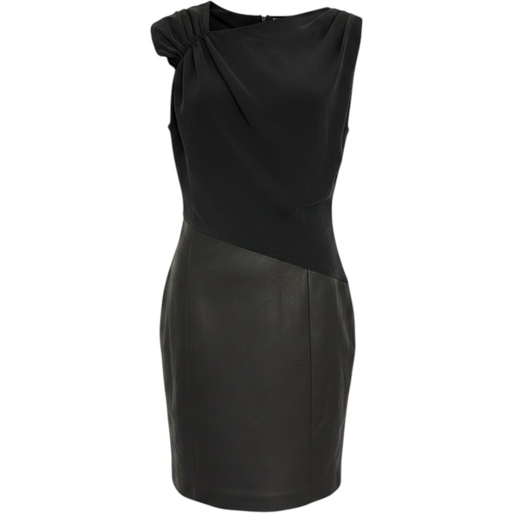 Thakoon Black Leather Mixed Media Asymmetric Draped Cocktail Dress Size 2